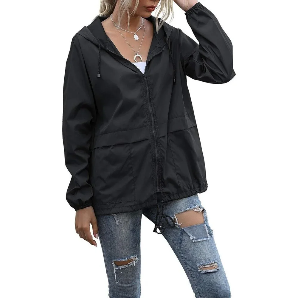 Women's Waterproof Raincoat Lightweight Rain Jacket Hooded Windbreaker with Pock